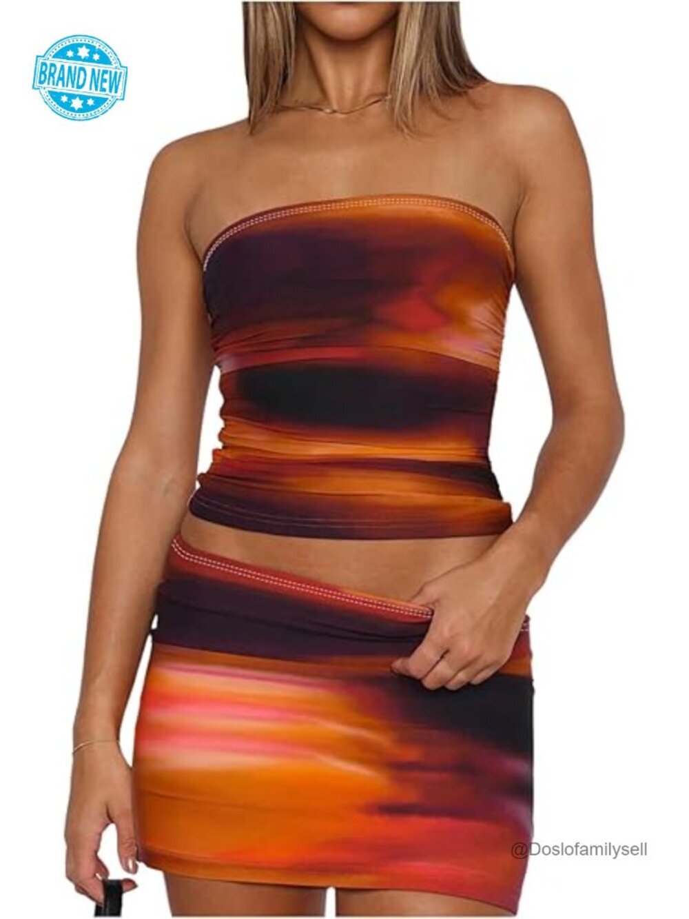 Tie Dye 2 Piece Skirt Set Strapless Bandeau Tube Crop Top Bodycon Mini Skirt
